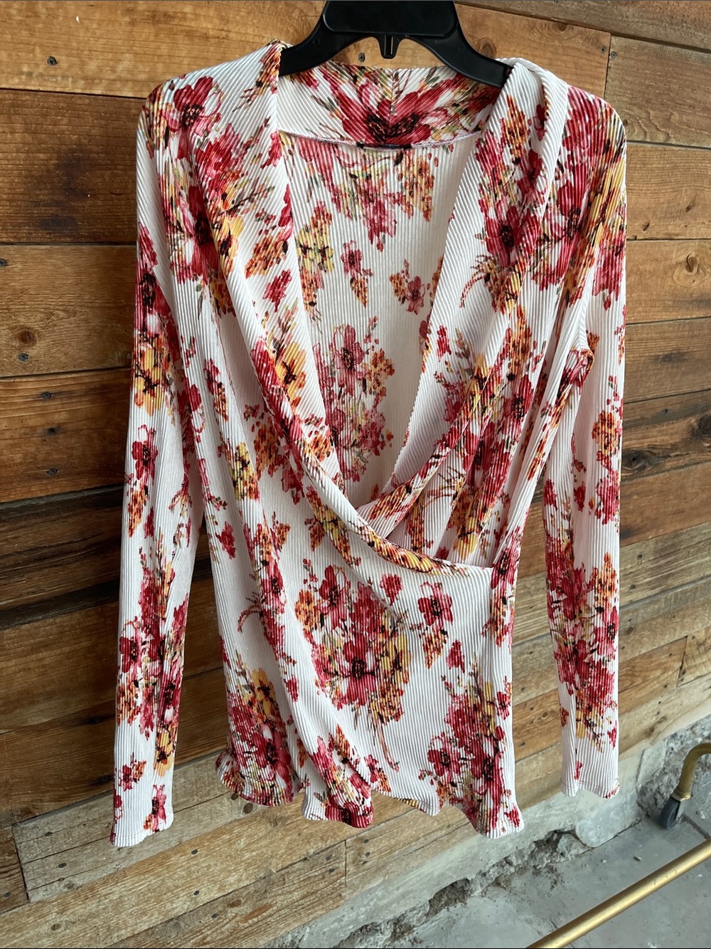Floral Draped Cowl-Neck Blouse in White with Red & Yellow Floral